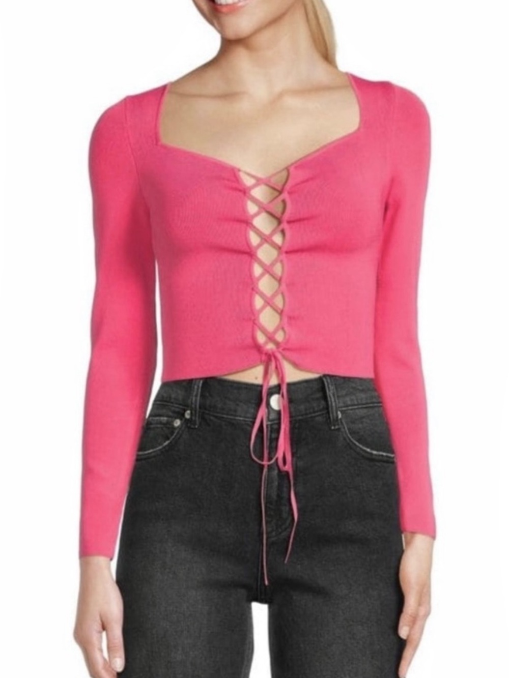 Alice + Olivia Pink Knit Lace-Up Long Sleeve Crop Top